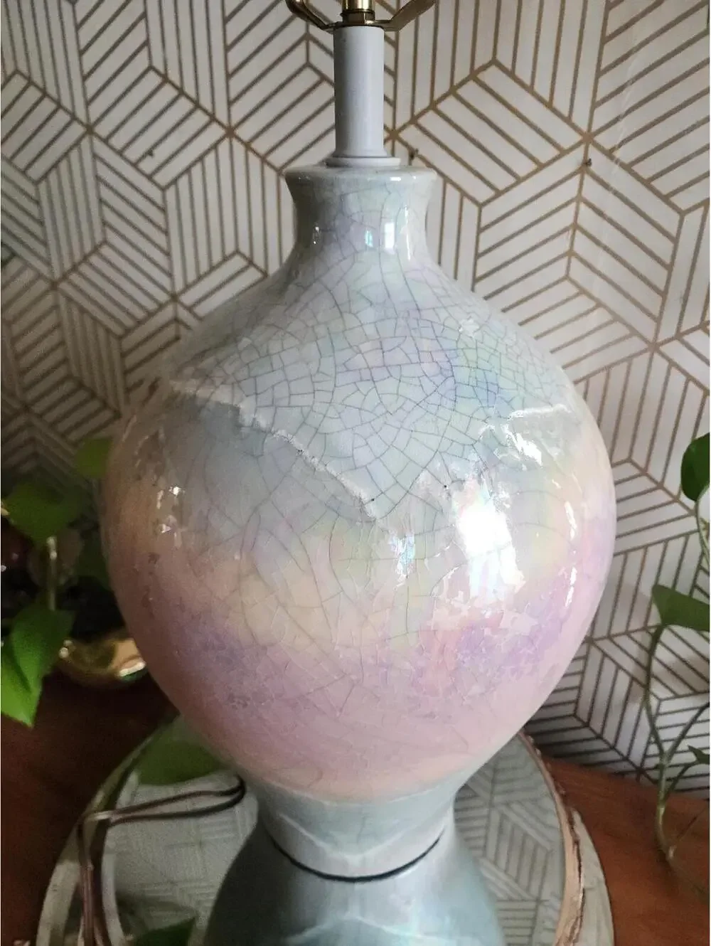 1980s Raku Glazed Ceramic Rainbow 3 way Table Lamp Made by Sunset Lamp Company